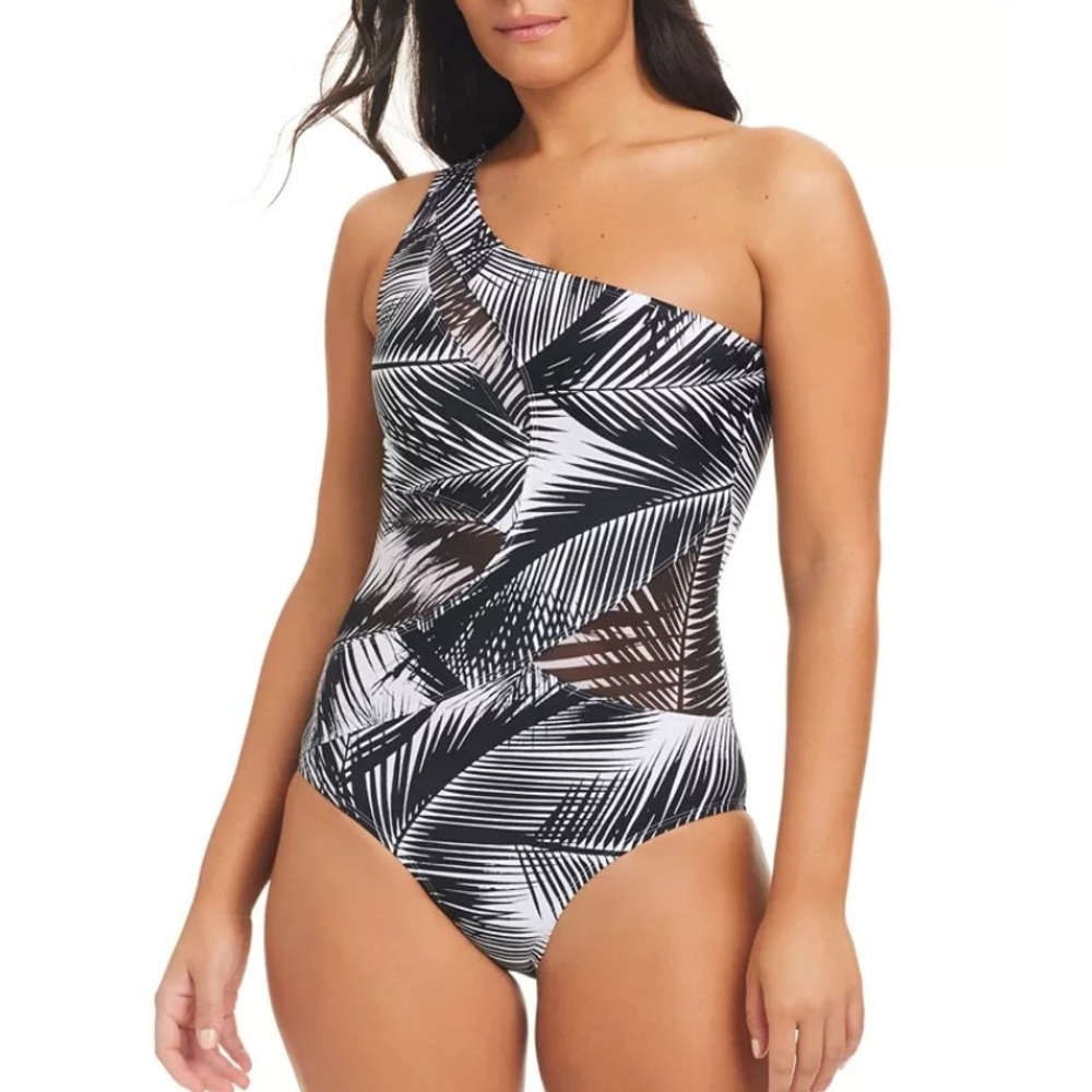 Beyond Control Womens 14 One Shoulder One Piece Swimsuit Black Palm Mesh Beach